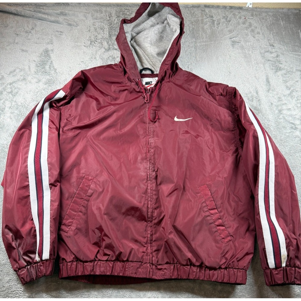 Vtg Nike Windbreaker Jacket Maroon Gray Hooded L 90s Streetwear